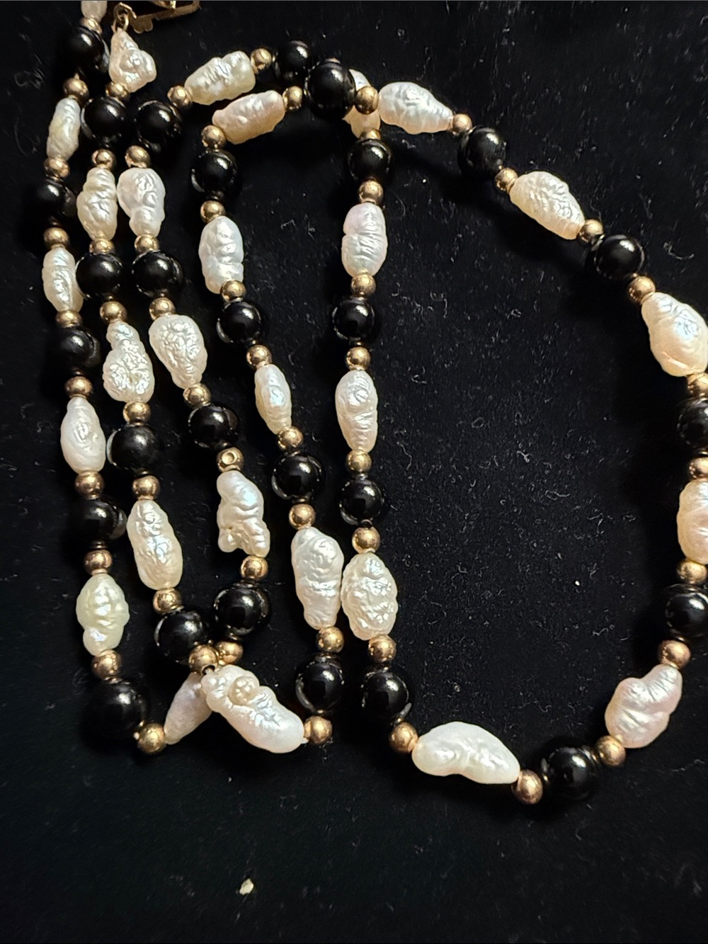 Baroque Pearl and Black Bead Necklace with Gold Accents